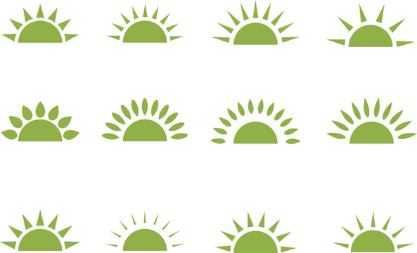 Sunrise Icon Collection Green Sun Symbol Nature Vector Set