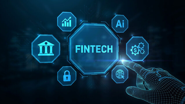 Futuristic hand touching interactive screen interface showing fintech technology icons like artificial intelligence and banking security in blue digital glow environment concept.