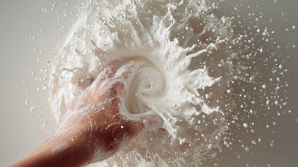 Obraz premium foamy milk being whipped, top down perspective, hand partially visible, soft neutral minimal background, hyper realistic canon photo, 8k 