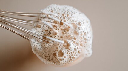 Obraz premium milk frother whisking fresh milk, foamy bubbles forming, top down shot, subtle hand visible, soft neutral background, ultra realistic photography, 8k 