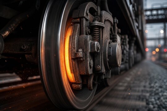 Train wheel and brake mechanism with glow from friction, industrial setting.