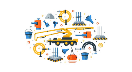 Naklejka premium Concrete Pump Truck and Construction Equipment Flat Vector Illustration. Set of building industry icons, civil engineering tools, and masonry equipment on white background.