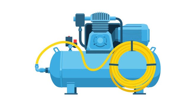 Industrial Air Compressor with Yellow Pneumatic Hose - Blue Electric Piston Compressor Tank Vector Illustration