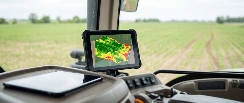 Precision agriculture tractor cab with tablet showing ndvi crop map over field for smart farming