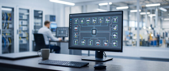 Fototapeta premium Industrial control room monitor showing IIoT network diagram concept in modern factory control station with engineer