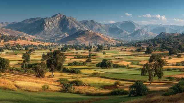 expansive green farmland under a clear cloudless sky, with distant mountains and trees along the horizon, peaceful rural landscape 