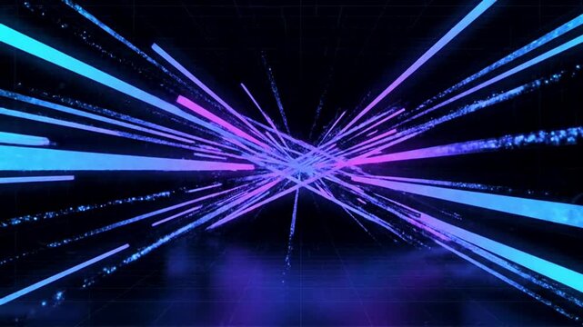 Glowing blue and purple neon lines radiating from central point in dark space