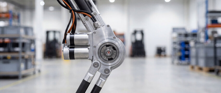Robotic arm joint in industrial automation setting for manufacturing and precision engineering
