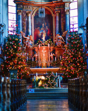 Festlich geschm&uuml;ckter barocker Hochaltar mit Weihnachtsb&auml;umen in St. Martin in Forchheim, Bayern