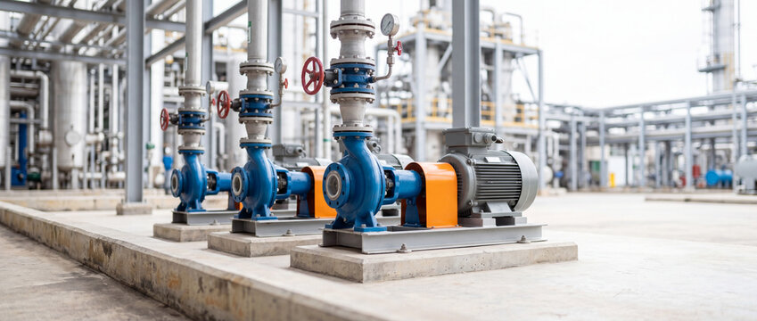 Industrial pumps and electric motors with valves and piping in a chemical processing plant