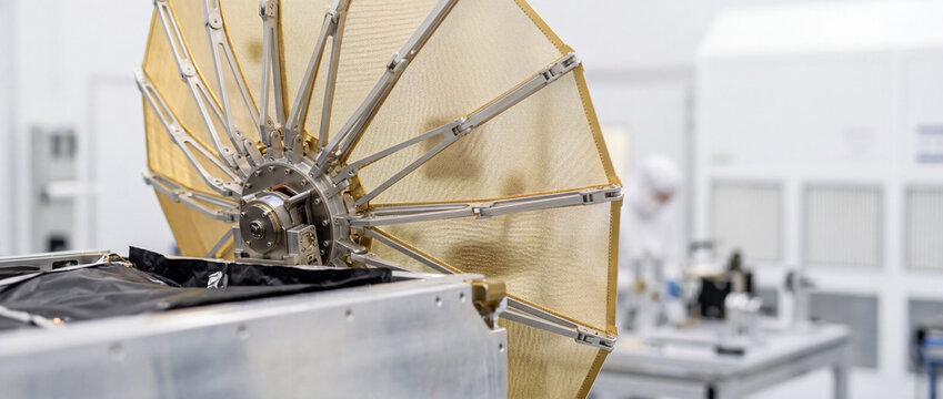 Satellite antenna reflector assembly in aerospace cleanroom with gold deployable mesh for spacecraft communication