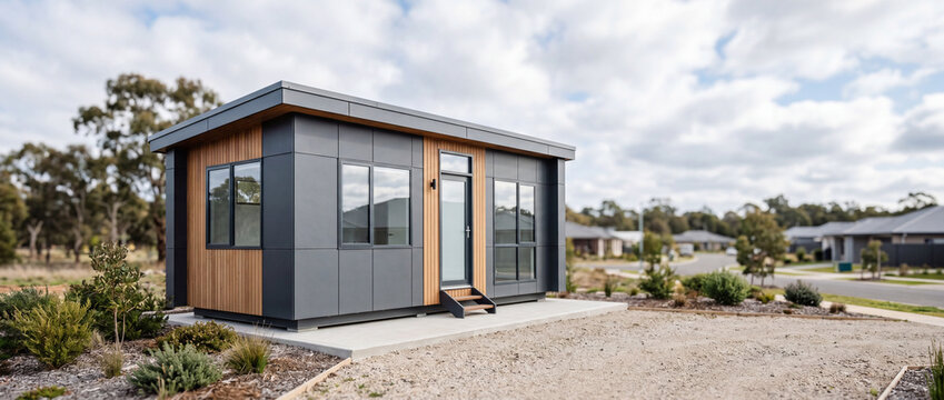 Modern tiny house modular home exterior &mdash; prefab compact living in suburban landscape with minimal design