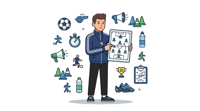 Sports coach analyzing team strategies with tactical board amidst athletic icons and training equipment in a dynamic digital