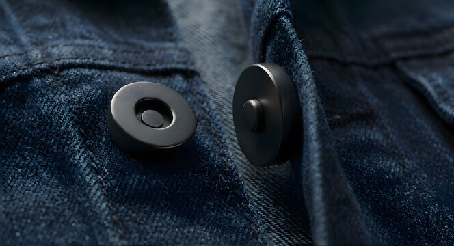 Close up of metal buttons on blue denim jacket, dark moody tone, detail focus