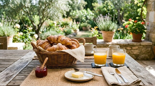 Outdoor breakfast scene with croissants orange juice and garden view