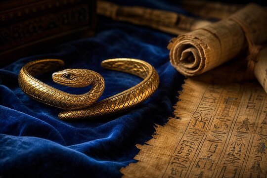 Golden serpent armlet on blue velvet with aged papyrus scrolls, historical elegance.