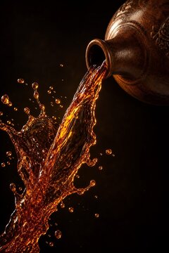 Dark amber liquid pouring from a flagon in a dynamic splash.