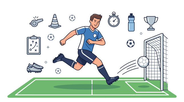 Dynamic soccer player in action with goal scoring and training items illustration