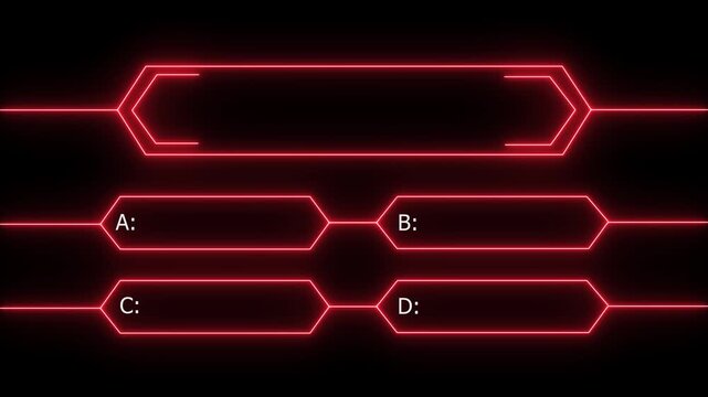 Animation of a neon quiz line with a choice of answer options on a black background. Question mark motion animation, futuristic cyber tech visual, asking doubts confusing motion graphics 4K.