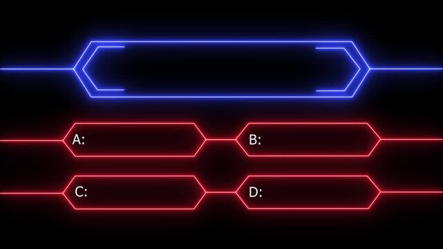Animation of a neon quiz line with a choice of answer options on a black background. Question mark motion animation, futuristic cyber tech visual, asking doubts confusing motion graphics 4K.