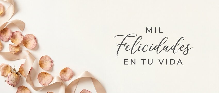Spanish congratulations card banner background with pink rose petals and elegant champagne satin ribbon, Mil Felicidades en tu vida typography text decoration for greeting, celebration, wedding header