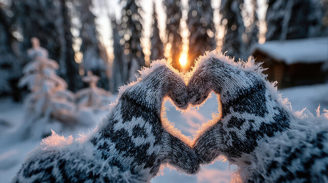 Hands forming a heart shape in winter with snow and frost.