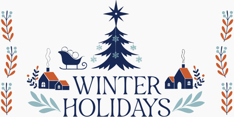 Winter holidays festive greeting card with fir tree and sled illustration. © SarwarGfx