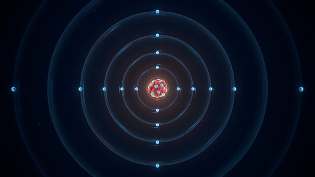 Artistic visualization of atomic structure with electrons orbiting nucleus in space setting
