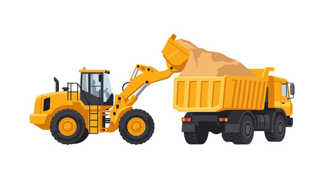 Yellow wheel loader loading sand into a dump truck vector illustration, industrial heavy construction machinery isolated on white background