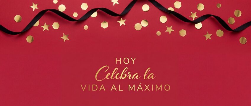 Spanish celebration red background gold confetti ribbon with elegant quote text Hoy Celebra la vida al maximo. Festive party banner template for Hispanic birthday invitations and greeting cards.