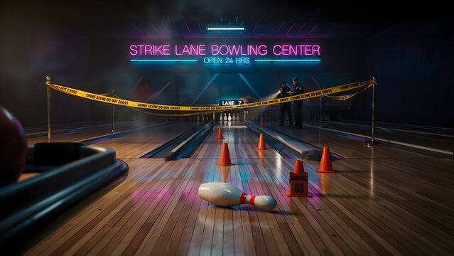 Indoor Bowling Alley Scene with Neon Lighting and Safety Cones