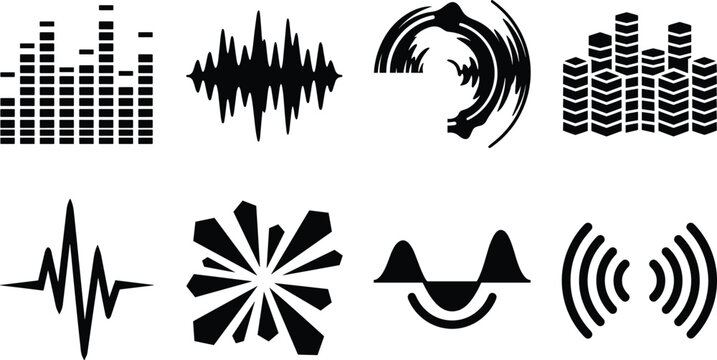 Audio Waveform and Sound Signal Silhouette Icons Collection for Multimedia Design