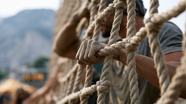 obstacle course racing athlete at vertical cargo net wall, legs pushing upward, mud-caked hands gripping rope squares, team encouragement from ground, competitive autumn event on