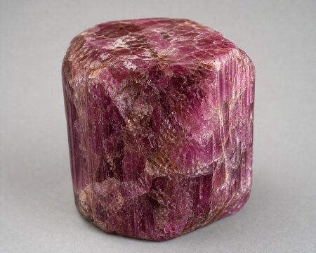 A rough, barrel-shaped corundum crystal specimen with natural striations.