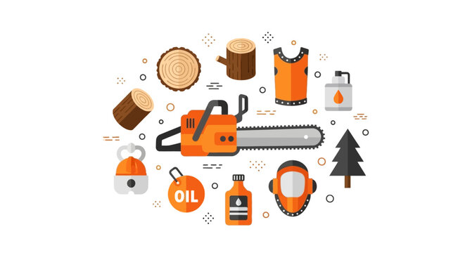 Professional Chainsaw and Forestry Safety Equipment Set Vector Illustration - Lumberjack Tools, Wood Logs, Helmet, and Protective Gear