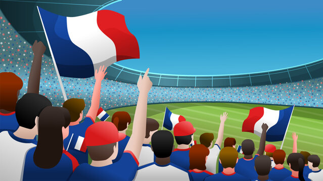 French Football Fans Cheering in Stadium Illustration, France Soccer Supporters Waving National Flags