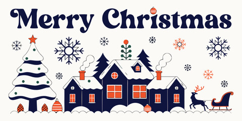 Winter wonderland scene with houses, trees, and flying reindeer and sleigh, classic merry christmas greeting. © SarwarGfx