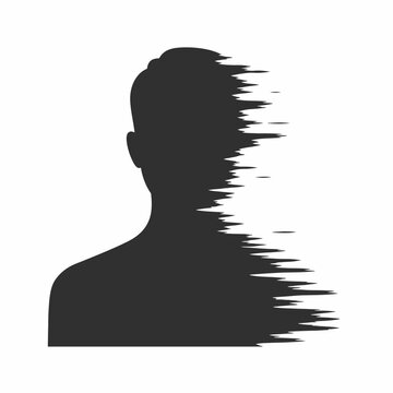 Abstract black silhouette of a man with glitch effect and pixelated disintegration on white background.
