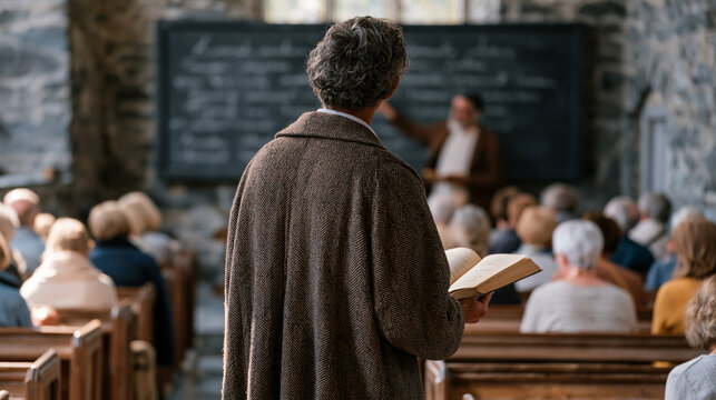 Welsh language immersion class for adults held in a converted stone chapel in Snowdonia, a teacher pointing to handwritten dialect vocabulary on a chalkboard as a dozen learners