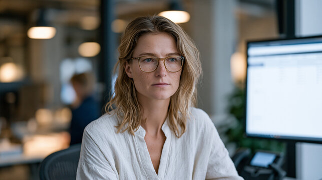 Senior content moderator in an industrial open-plan office scanning a live dashboard of AI-flagged posts, her expression focused and fatigued, a large secondary monitor showing