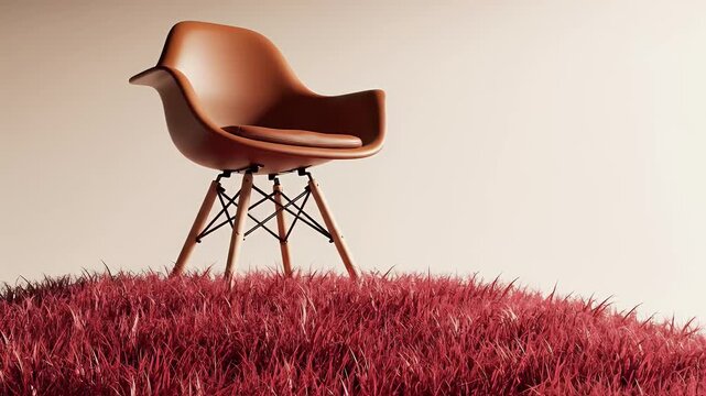 A brown molded chair with wooden legs rests on a bed of vivid red grass