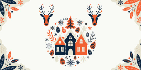 Christmas village with reindeer and snowflakes, festive winter houses in a round composition. © SarwarGfx