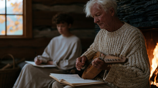 Weathered folklorist with calloused fingers plucks a mountain dulcimer beside a crackling hearth in an Appalachian cabin while teenage apprentice transcribes lyrics into a field