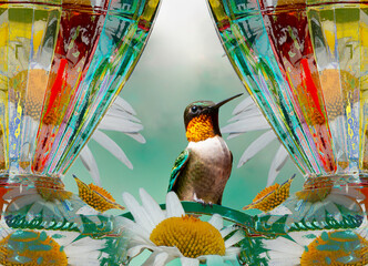 Obraz premium Graphic overlay of Hummingbirds. Colorful hummingbird perched near flowers with glasses on bright background