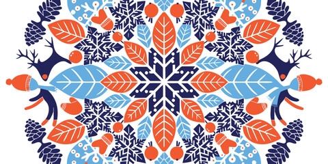 Festive christmas mandala with reindeer mittens hats snowflakes and pine cones. © SarwarGfx