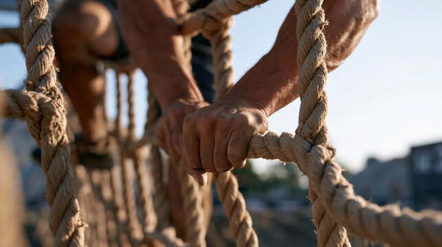 obstacle course racing athlete at vertical cargo net wall, legs pushing upward, mud-caked hands gripping rope squares, team encouragement from ground, competitive autumn event on