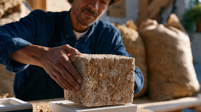 Mushroom mycelium packaging block being pulled from mold by worker at small sustainable packaging startup, texture of organic foam clearly visible, agricultural hemp hurds substrate bags stacked beh