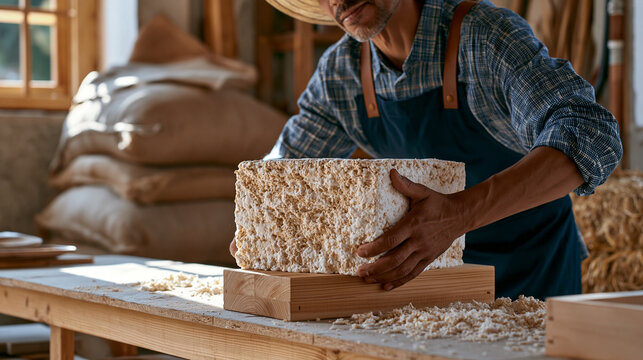 Mushroom mycelium packaging block being pulled from mold by worker at small sustainable packaging startup, texture of organic foam clearly visible, agricultural hemp hurds substrate bags stacked beh