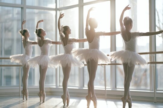 Young ballerinas practicing ballet at dance studio barre