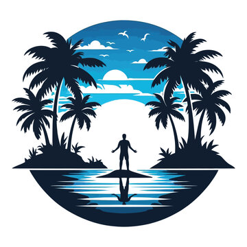 Tropical Sunset Beach Illustration &ndash; Silhouette Man Standing Among Palm Trees Symbolizing Freedom, Relaxation, and Nature for Creative Design Projects